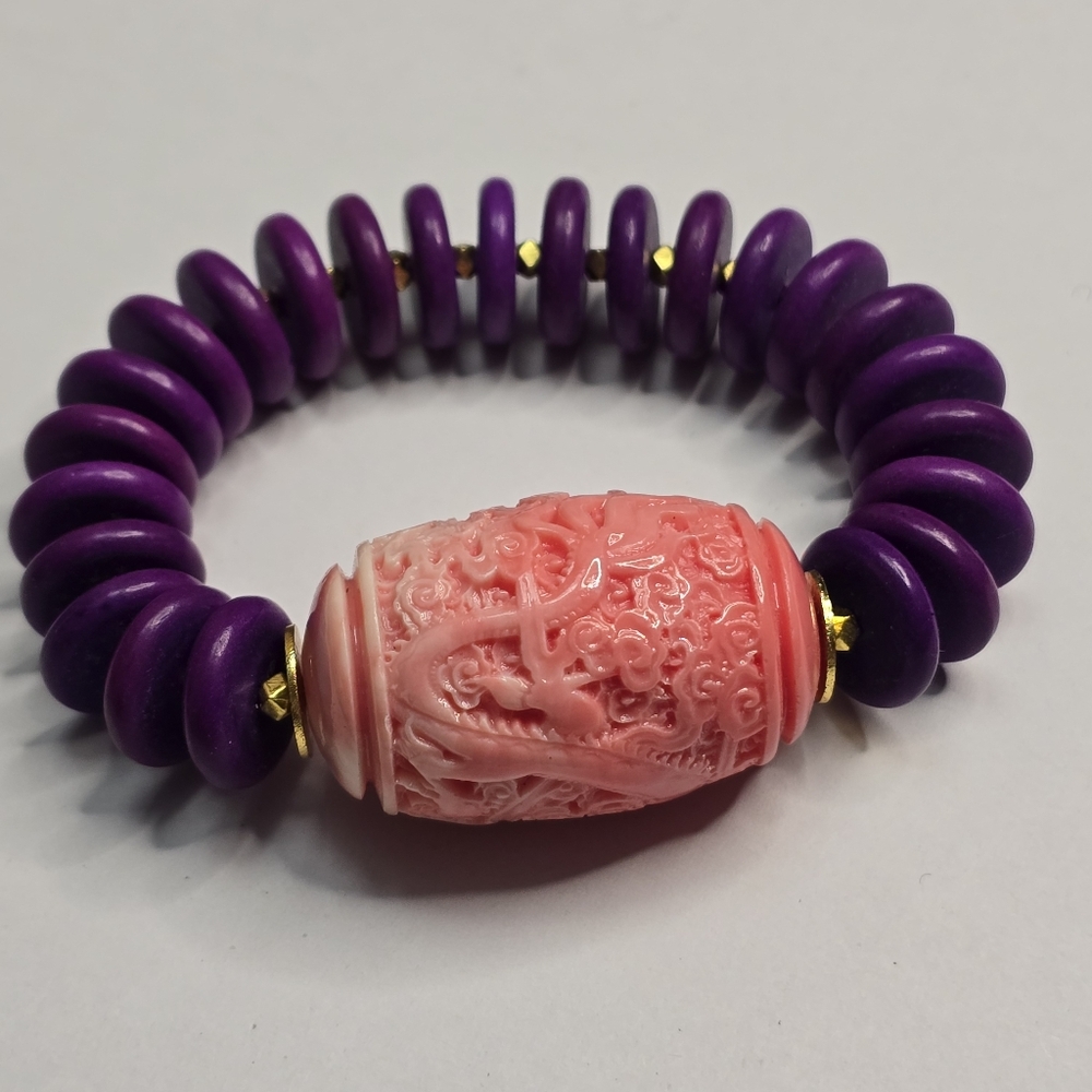 Treska Purple and Coral Asian Engraved Beaded Bracelet